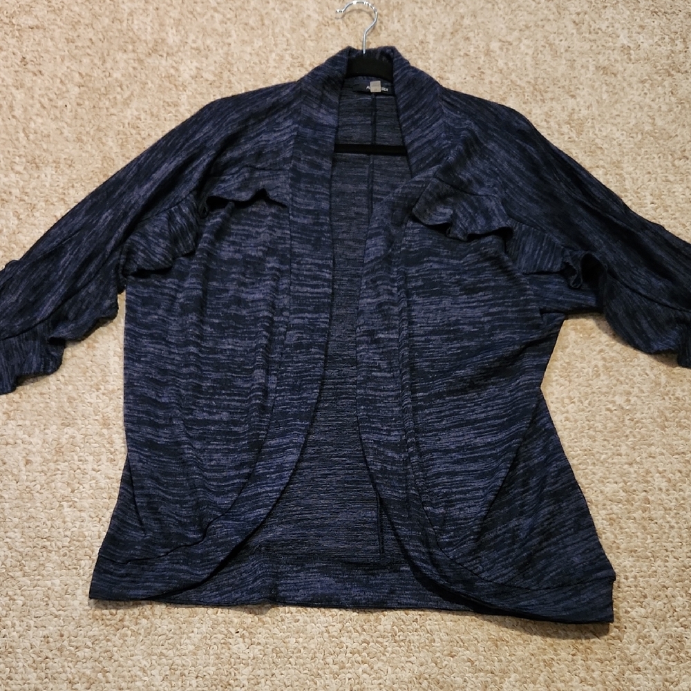 August Silk Midnight Blue Open-Front Sweater with ruffled sleeves